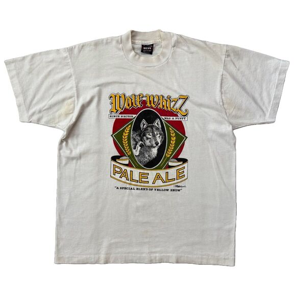 Vintage 80s Wolf Whizz Pale Ale Beer T Shirt Size L Graphic Tee Single Stitch - Picture 1 of 7